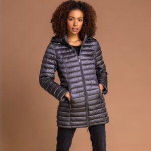 TNA | Bravura Jacket Puffer Coat Lightweight Goose Down Midi Hooded Navy Small